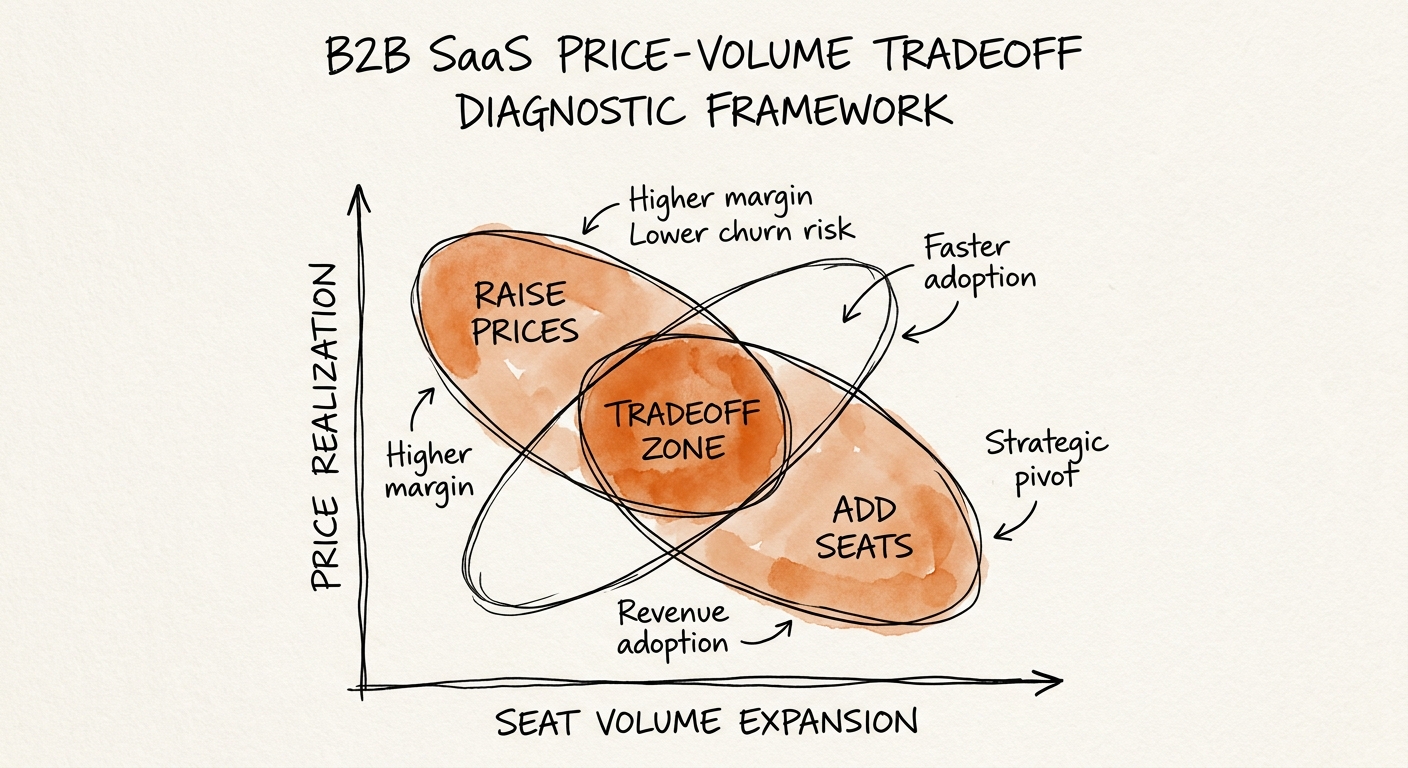 A diagnostic framework chart comparing B2B SaaS price realization against seat volume expansion strategies.