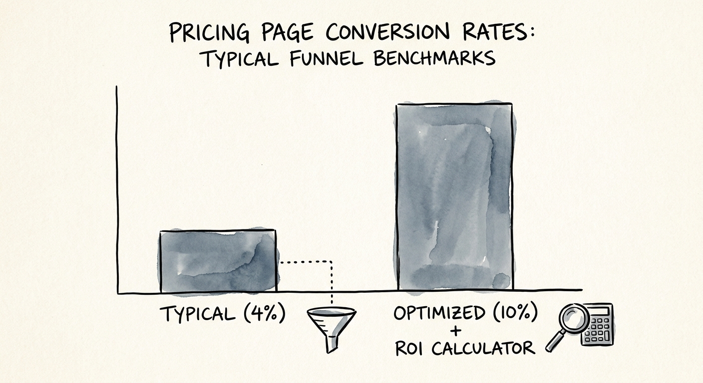 Bar chart comparing a typical 4% pricing page conversion to an optimized 10% conversion after introducing an interactive ROI calculator.