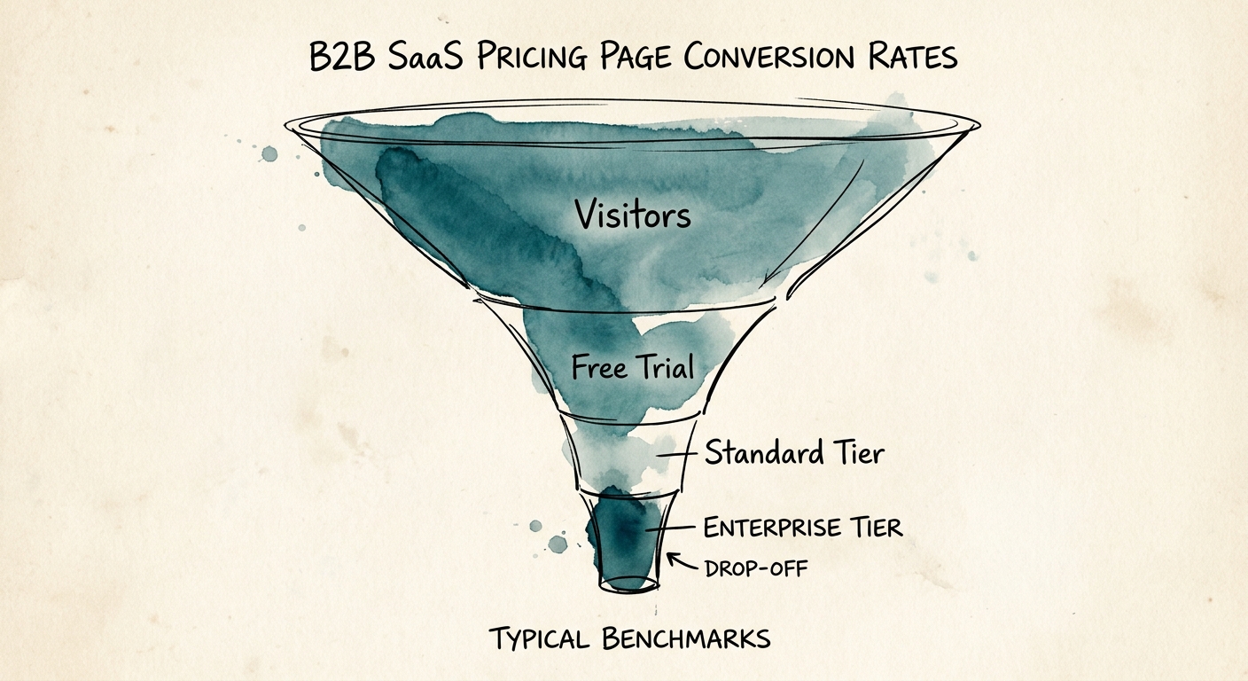 Dashboard showing a funnel analysis of B2B SaaS pricing page conversion rates with high drop-off at the enterprise tier.