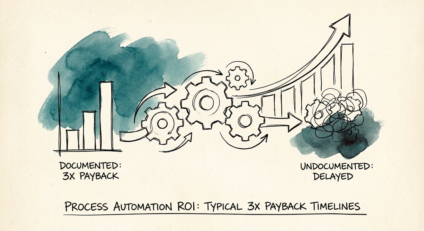 Diagnostic framework comparing documented versus undocumented process automation payback timelines.