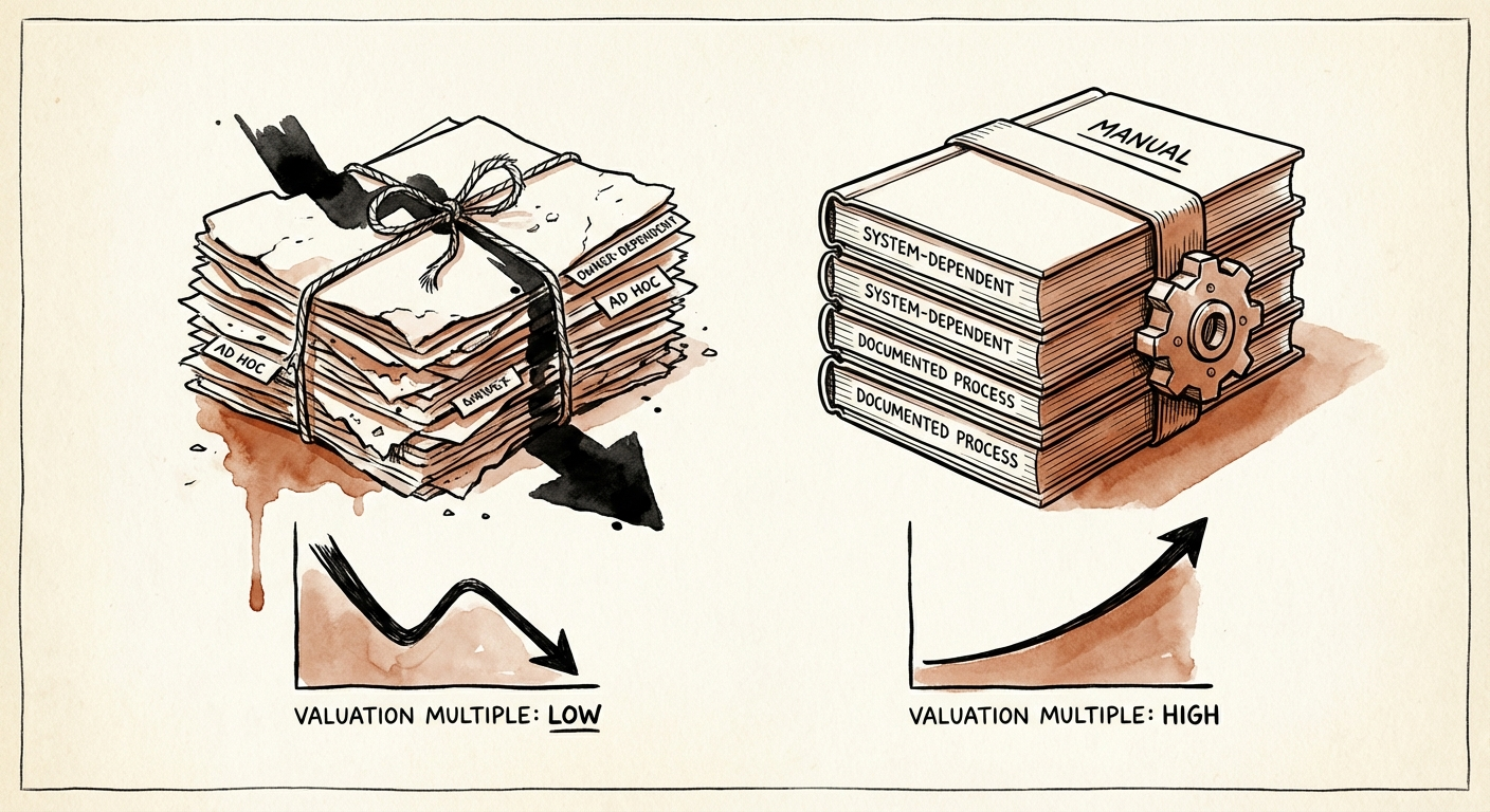 Comparison chart showing valuation multiples for owner-dependent vs. system-dependent businesses.