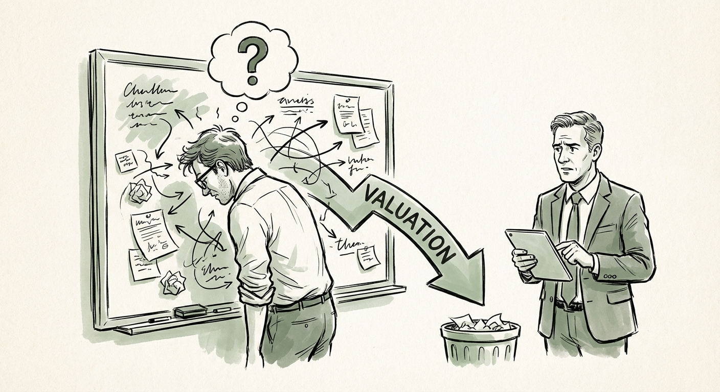 A frustrated founder looking at a messy whiteboard of undocumented processes while a private equity investor looks concerned.