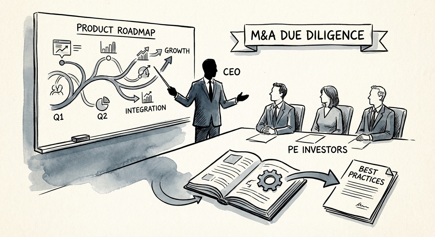 CEO presenting product roadmap strategy to private equity investors during due diligence