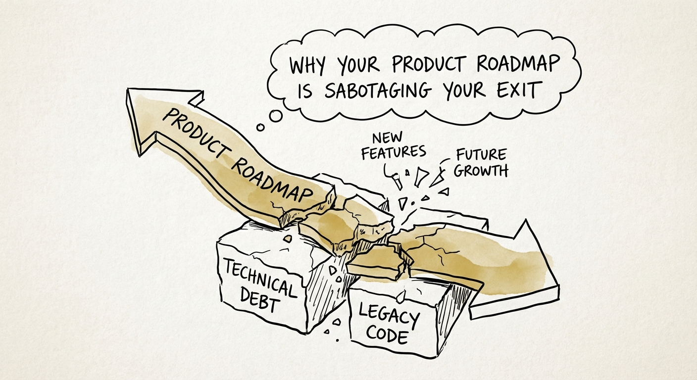 A fractured product roadmap visualization showing technical debt blocks under the surface of new features.