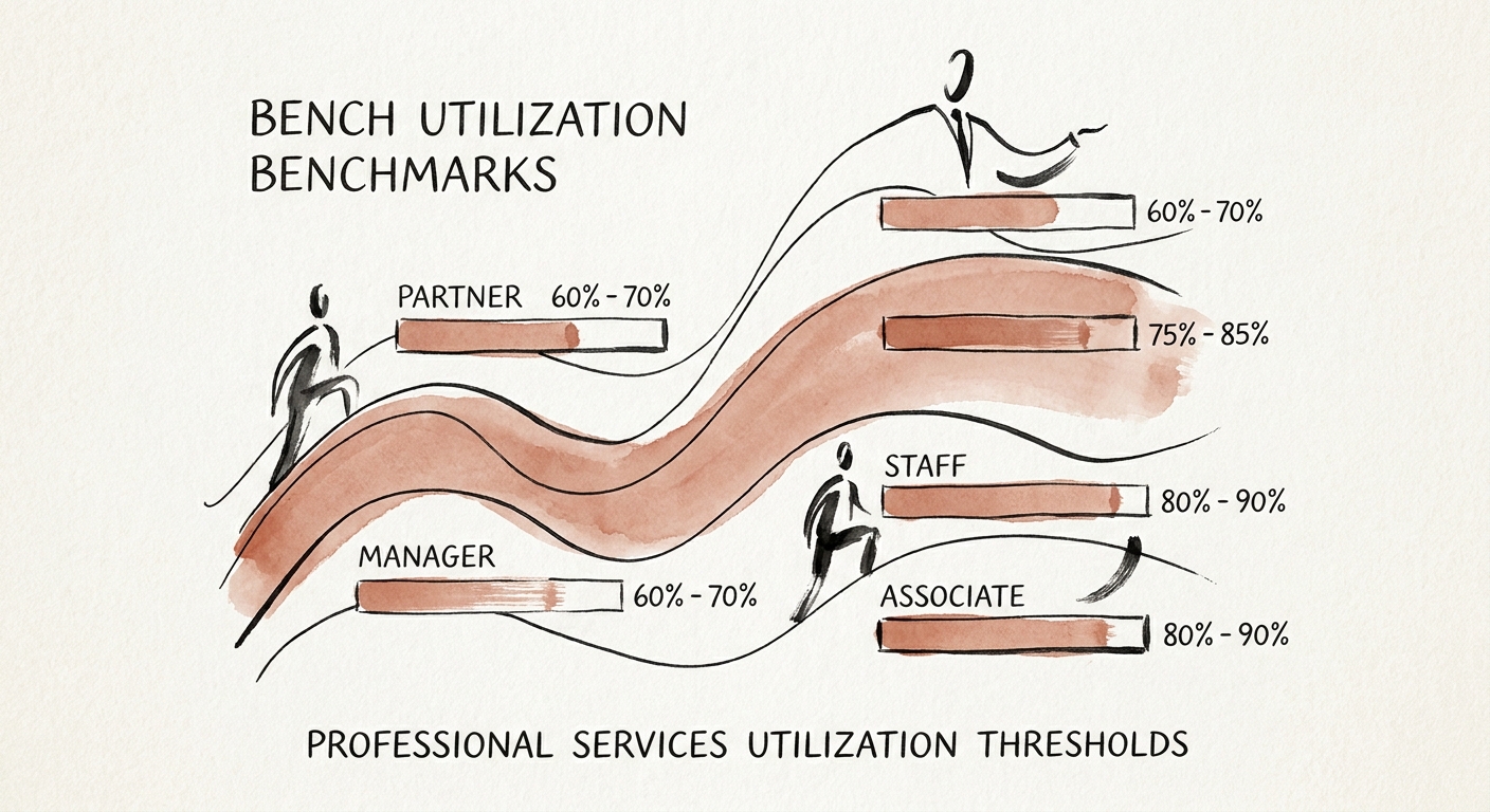 Professional services utilization benchmark chart showing role-based target utilization thresholds.