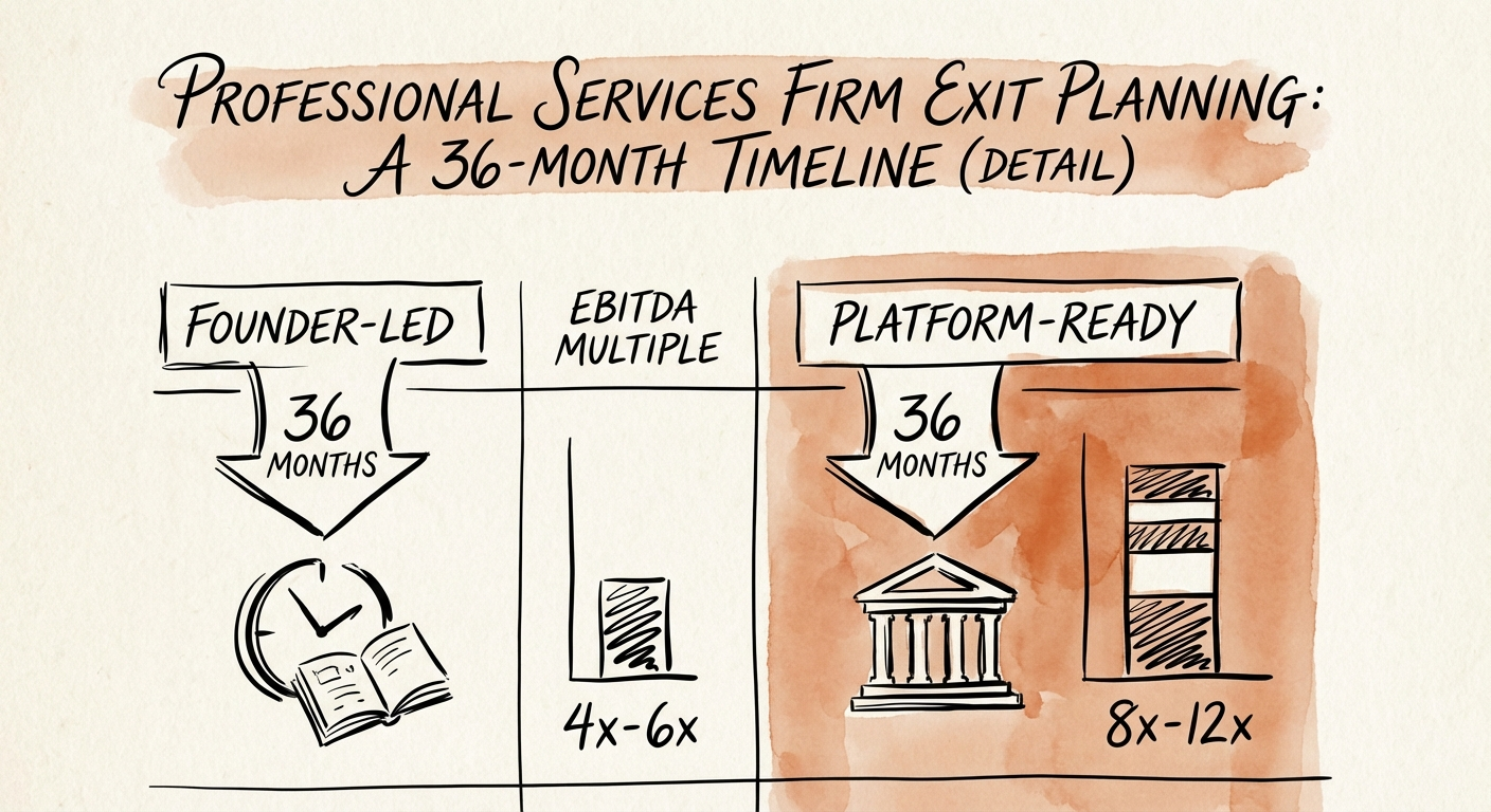 Comparison chart showing EBITDA multiples for founder-led vs. platform-ready professional services firms.