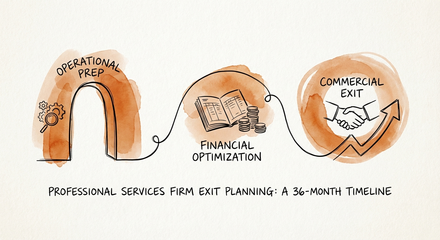 Timeline visualization of a 36-month professional services exit plan showing operational, financial, and commercial phases.