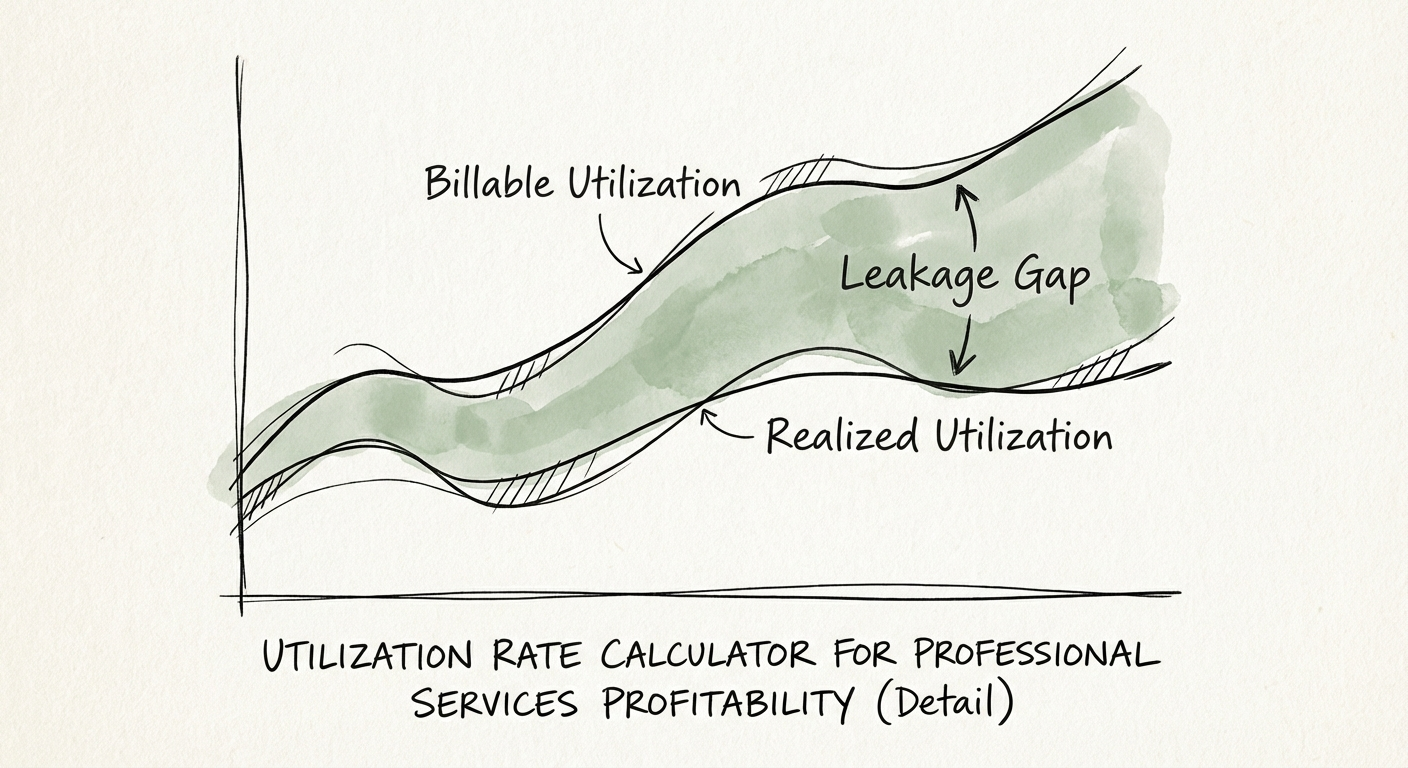 A chart comparing 'Billable Utilization' vs 'Realized Utilization' showing the leakage gap.
