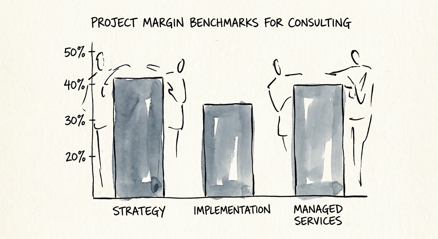 Bar chart illustrating consulting project margins broken down by strategy, implementation, and managed services engagements.