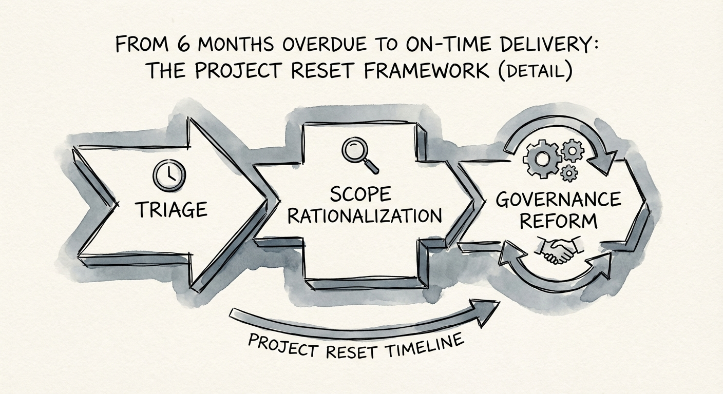 Diagram showing the Project Reset Framework: Triage, Scope Rationalization, and Governance Reform timeline.