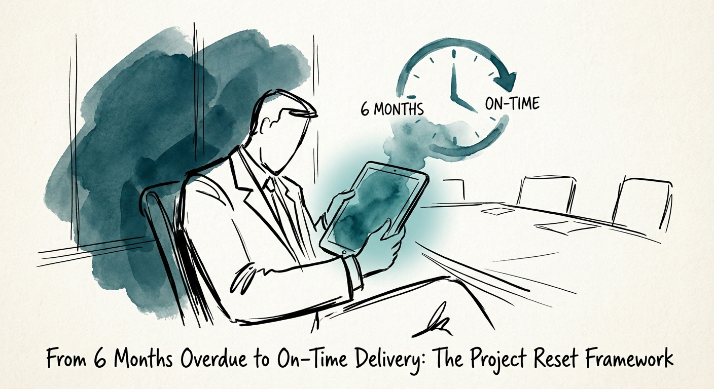 A frustrated CIO reviewing a red status report on a digital tablet in a dimly lit boardroom.