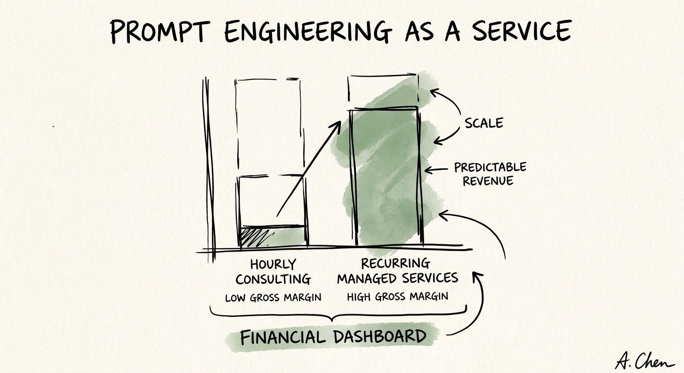 Prompt engineering service model with reusable context, controls, evaluation, and adoption layers.