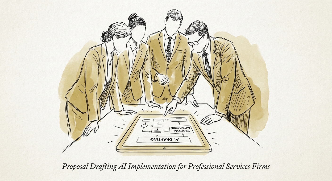 Leadership team reviewing a governed AI workflow plan for proposal drafting.