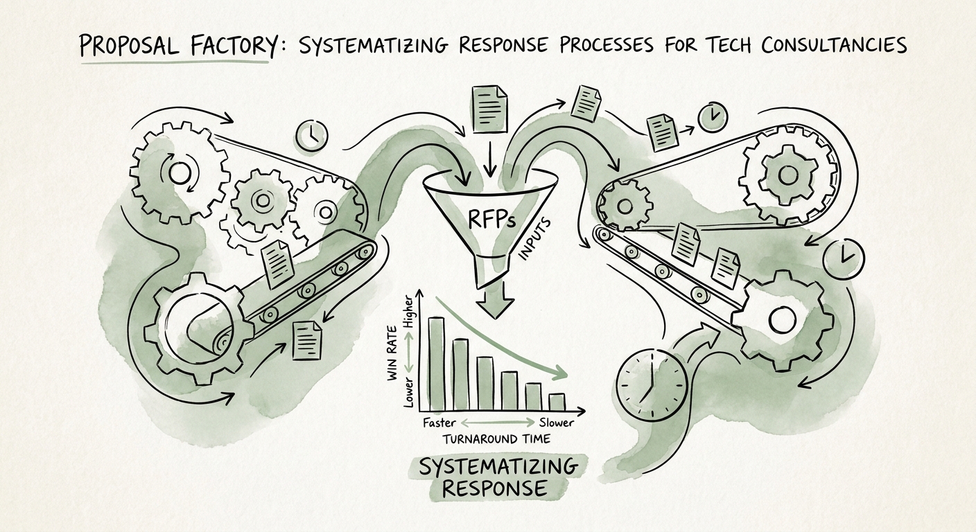 Chart showing how proposal response stages move from qualification to reusable components, technical review, and final approval.