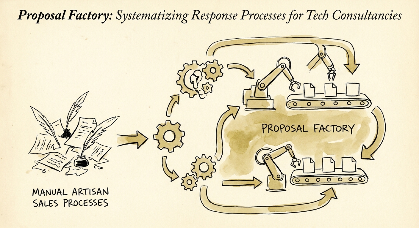 A structured flowchart showing a systematized proposal factory replacing manual sales assembly work.