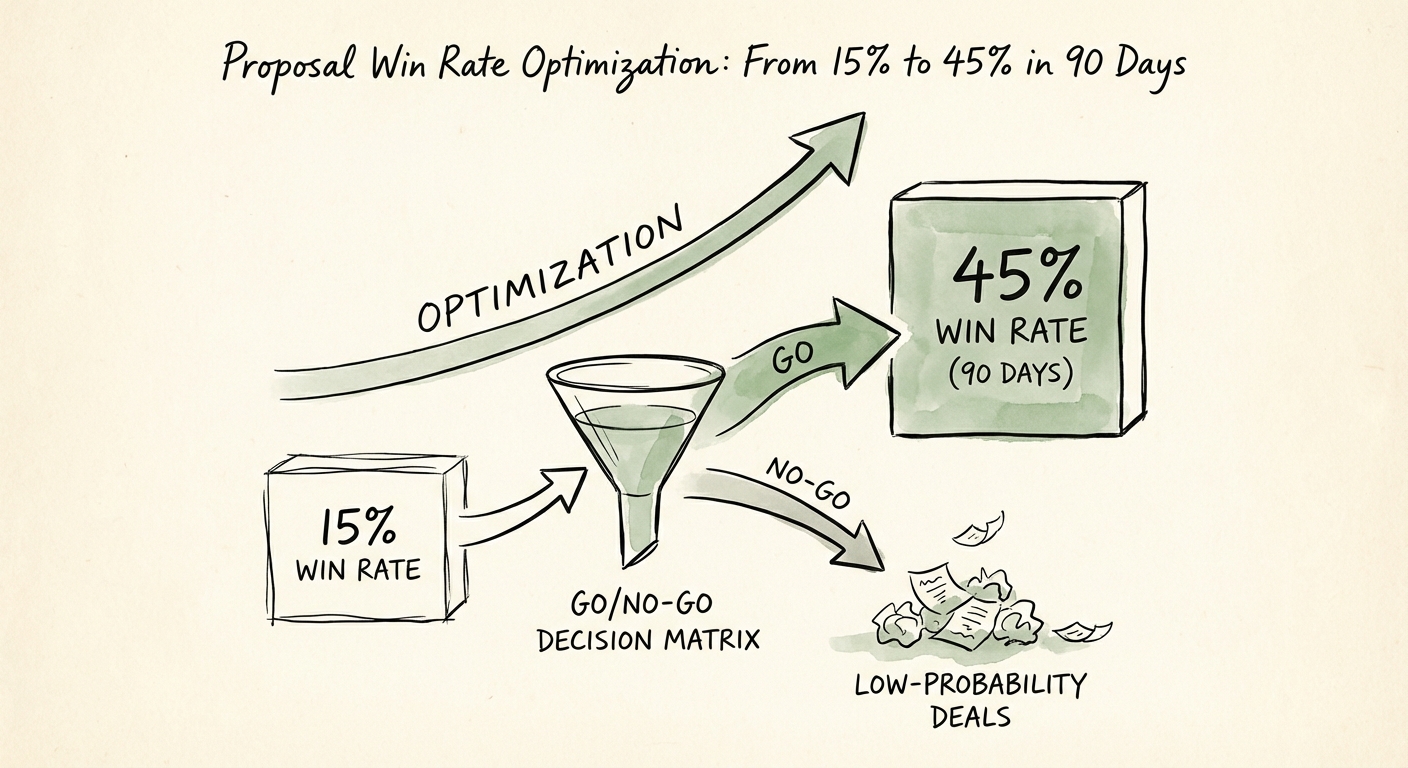 Diagram of a 'Go/No-Go' decision matrix for sales proposals, filtering low-probability deals.