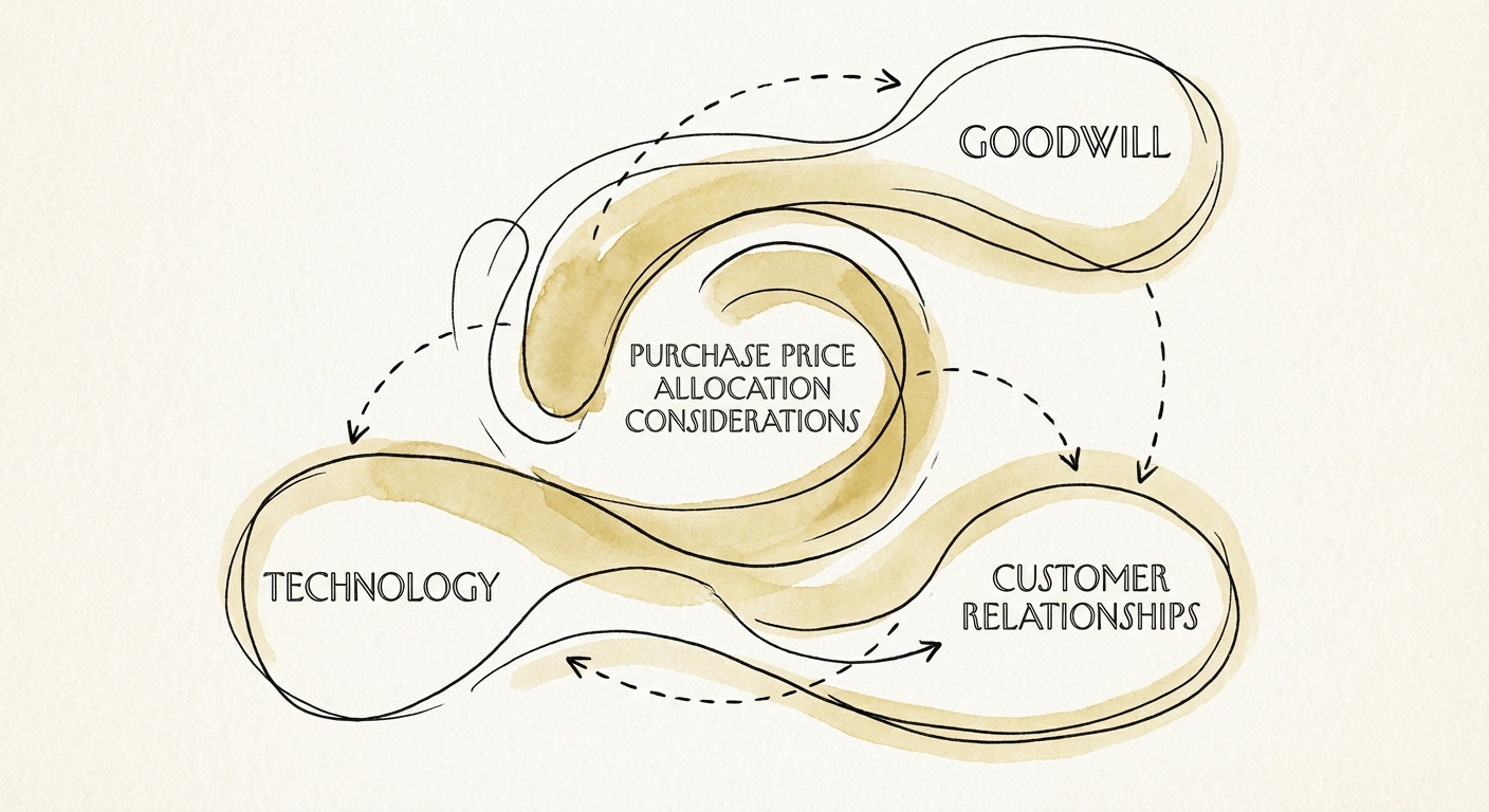 Abstract visualization of a purchase price allocation chart showing the split between Goodwill, Technology, and Customer Relationships.