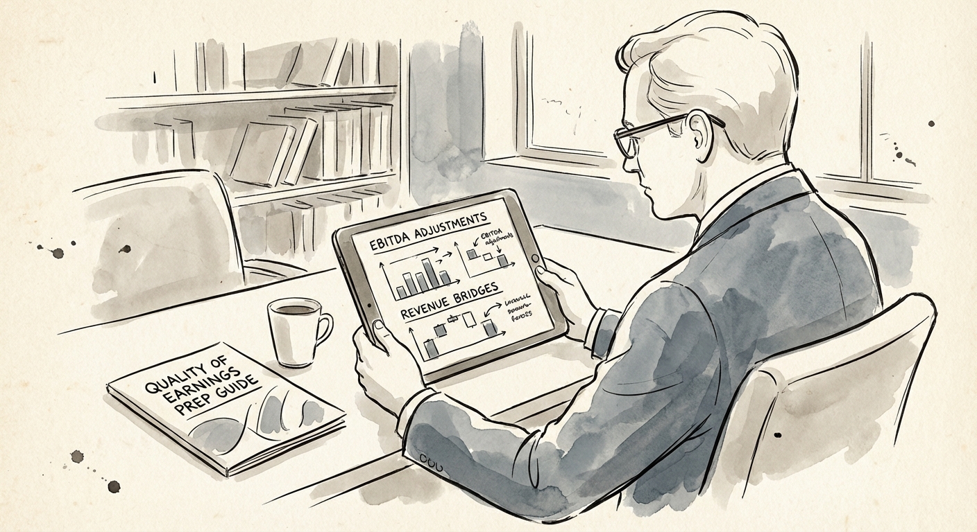 A CFO reviewing a Quality of Earnings dashboard on a tablet, highlighting EBITDA adjustments and revenue bridges.
