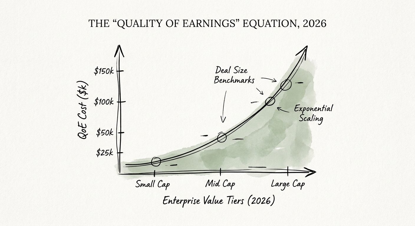 A chart showing the exponential scaling of Quality of Earnings (QoE) costs by enterprise value tiers in 2026.