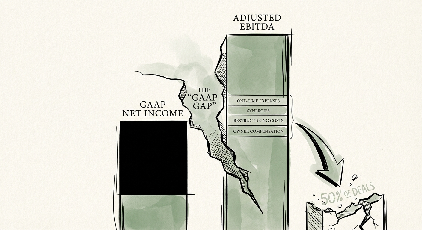 Bar chart comparing GAAP Net Income vs Adjusted EBITDA with breakdown of standard add-backs.