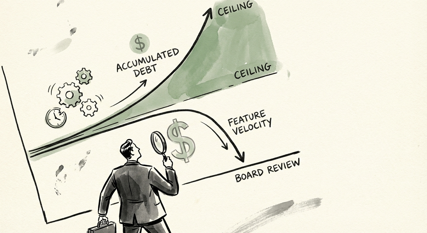 A graph showing the inverse relationship between technical debt accumulation and feature delivery velocity.