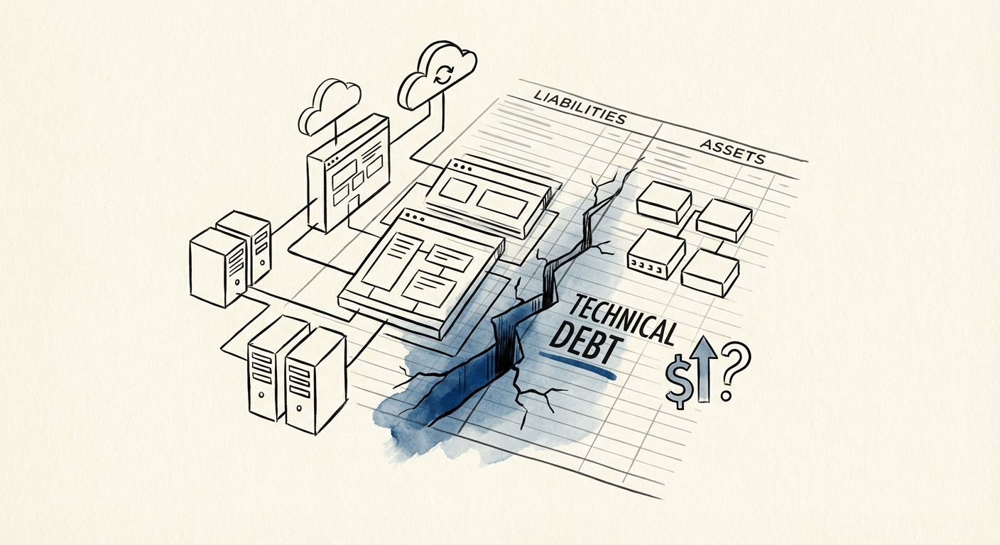 A financial balance sheet overlaying a complex software architecture diagram, highlighting technical debt as a liability.