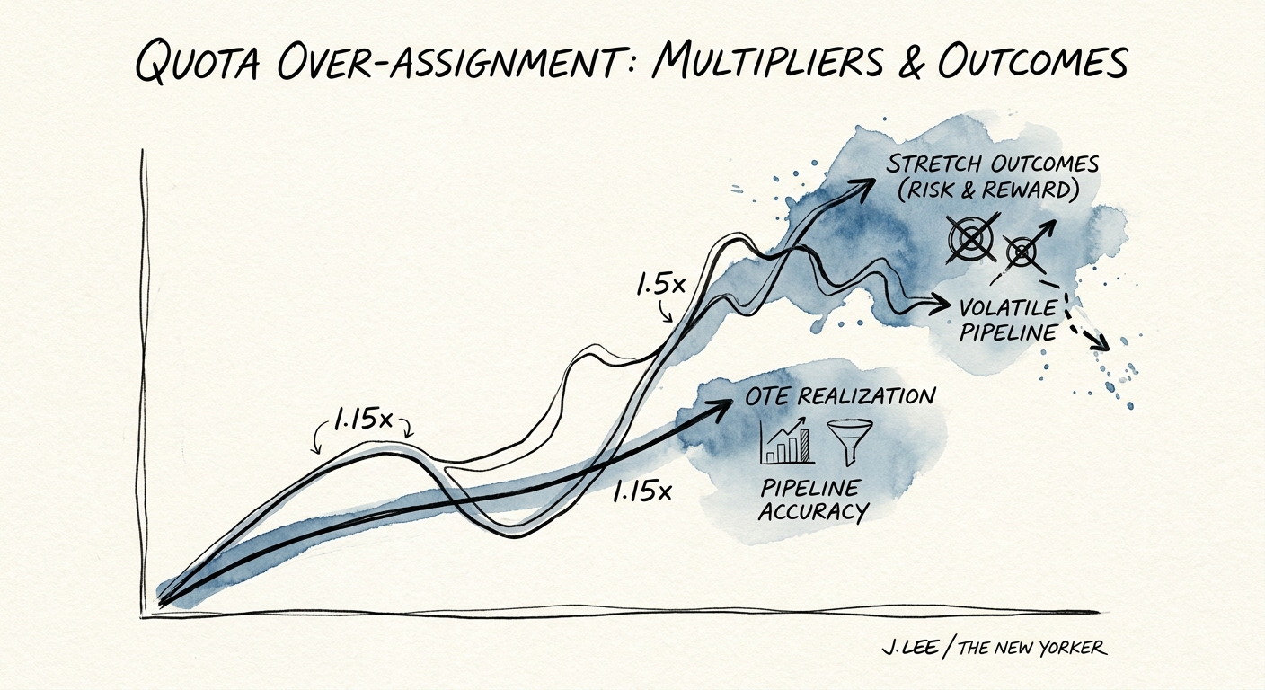 Comparison graph of 1.15x versus 1.5x quota multipliers and their effect on OTE realization and pipeline accuracy.