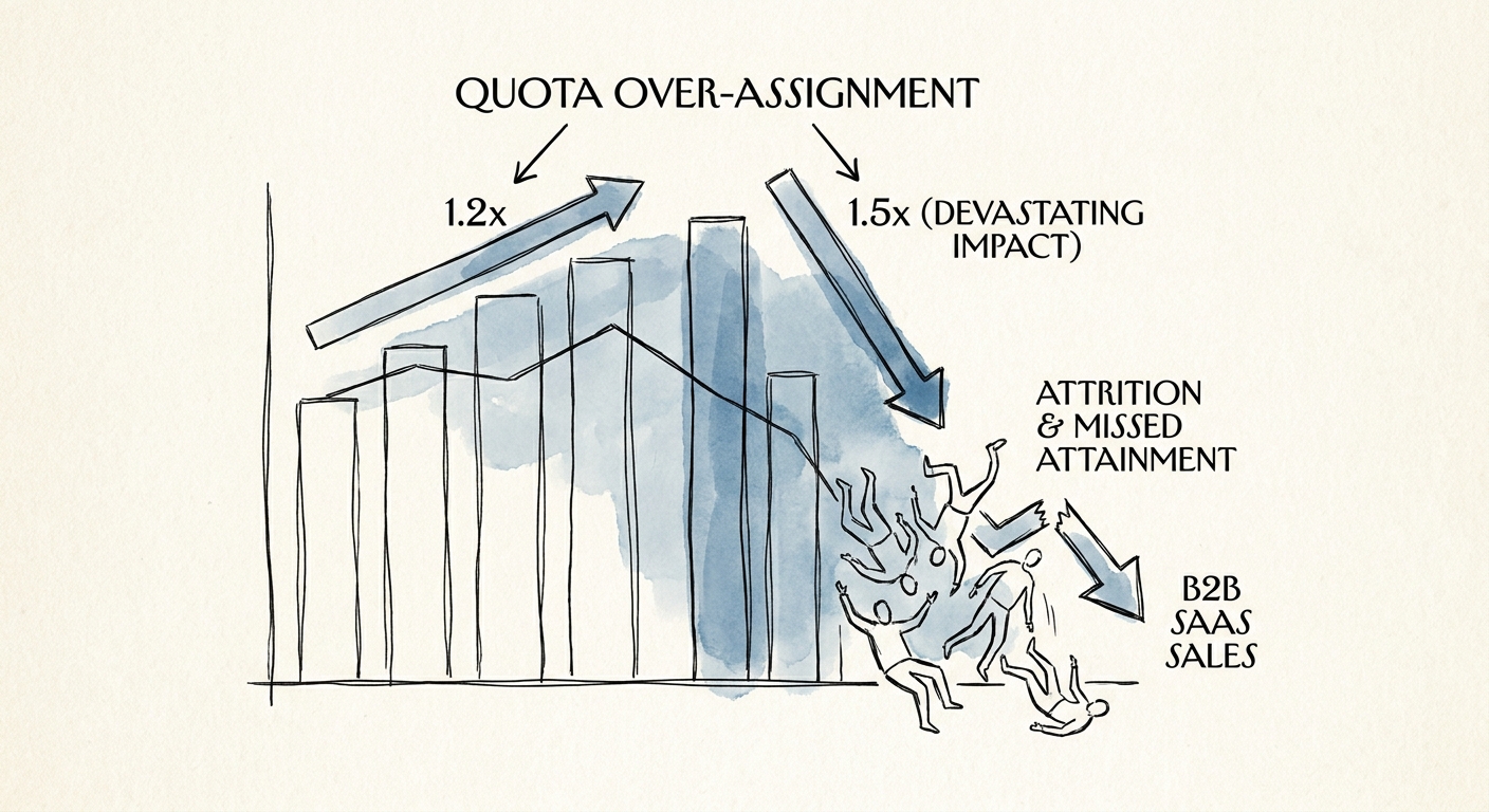 A chart showing the devastating impact of 1.5x quota over-assignment on B2B SaaS sales attrition and quota attainment.