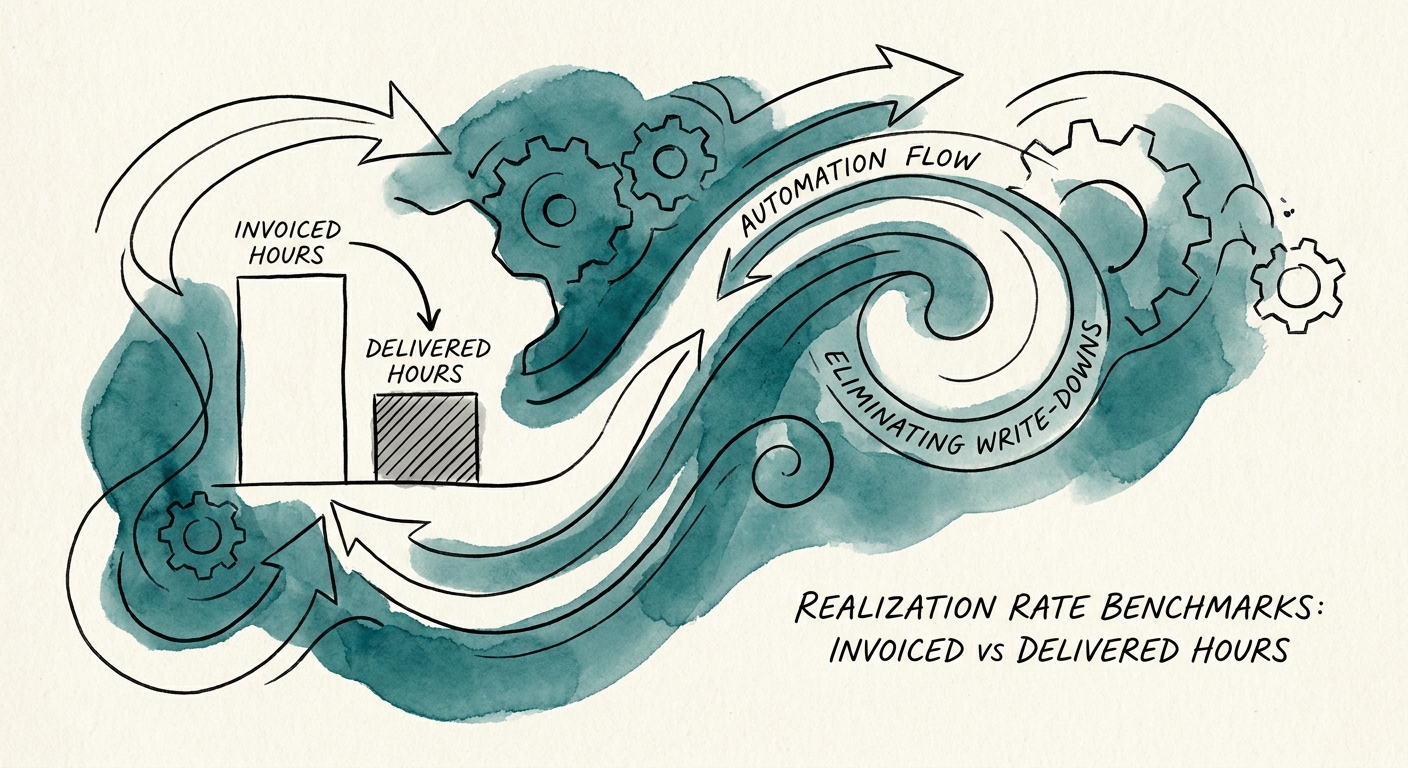 Workflow diagram illustrating automated timesheet-to-invoice processes eliminating manual revenue write-downs.