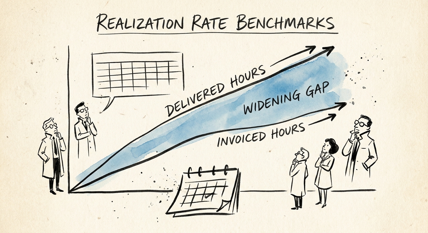 Chart showing the widening gap between delivered hours and invoiced hours in professional services firms.