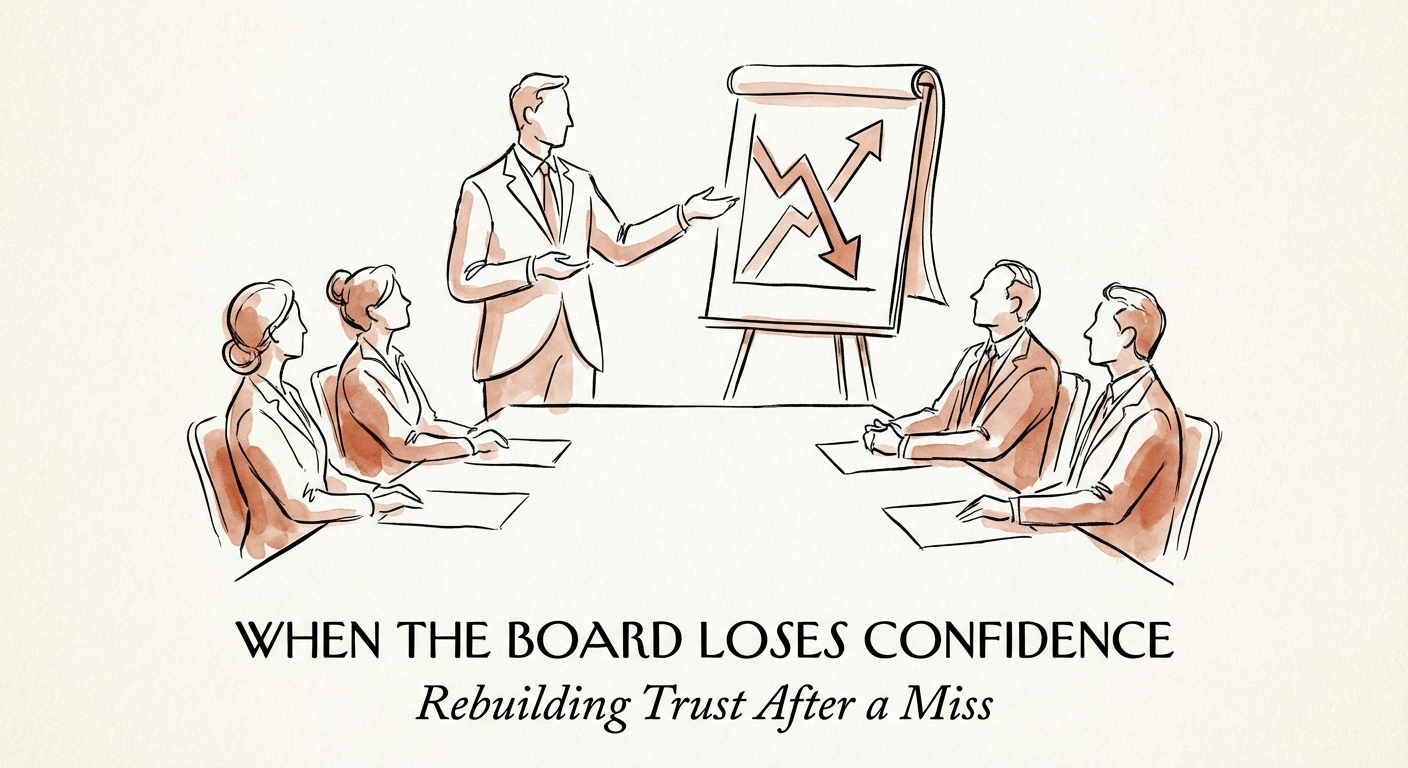 A CEO presenting a variance analysis chart in a boardroom, rebuilding trust with data.