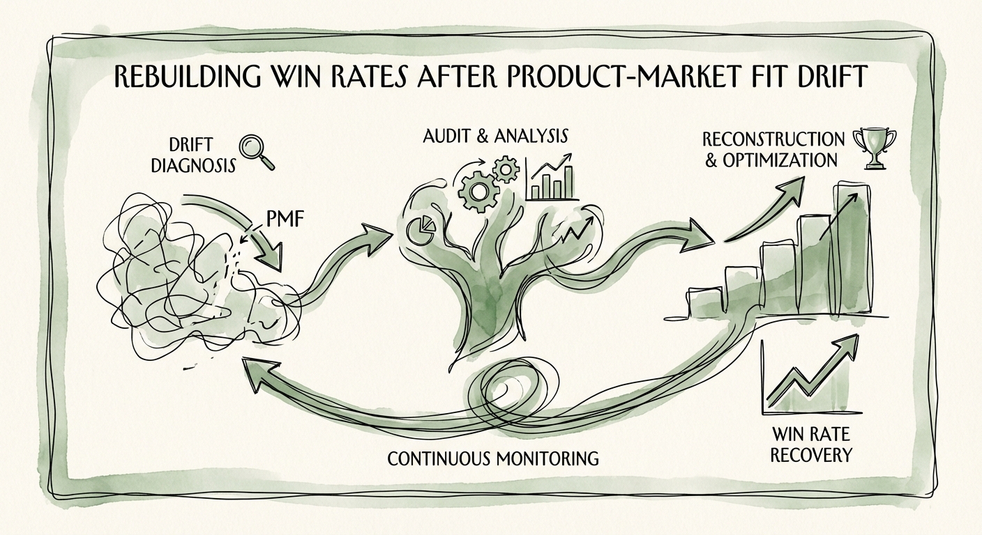 Diagram illustrating the cycle of Product-Market Fit Drift diagnosis, audit, and reconstruction