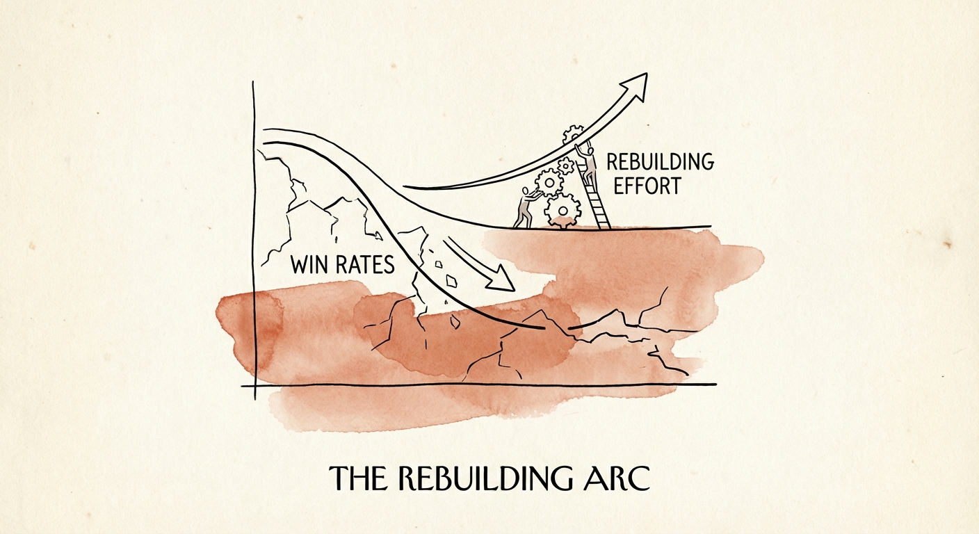Graph showing the decline of B2B SaaS win rates over time due to product-market fit drift