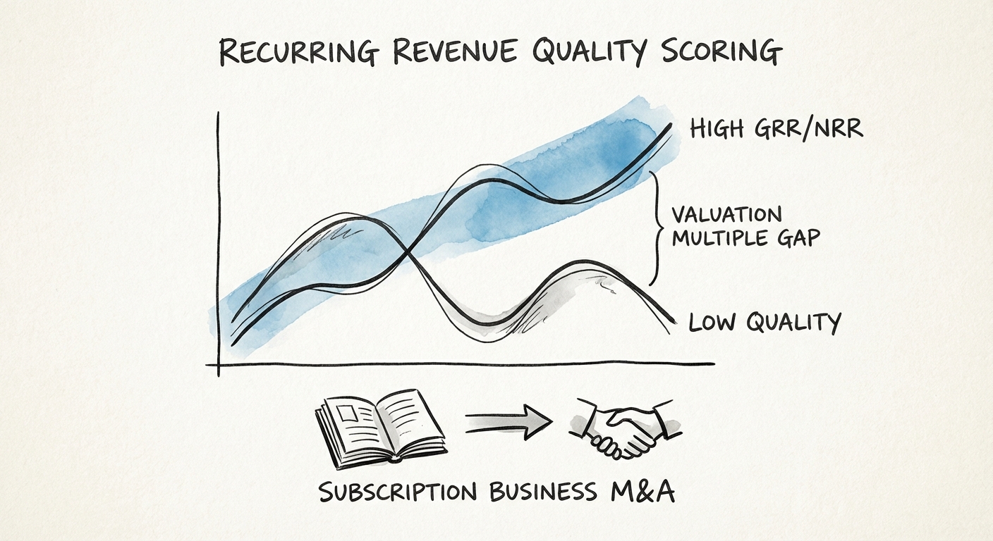 Chart showing the valuation multiple gap between high-GRR/high-NRR SaaS companies and low-quality revenue peers.