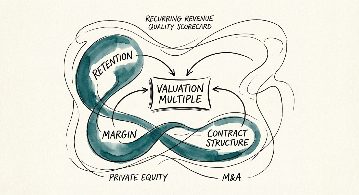 Private Equity Revenue Quality Scorecard illustrating the impact of Retention, Margin, and Contract Structure on Valuation Multiples.