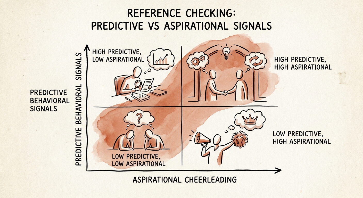Diagnostic matrix comparing aspirational cheerleading to predictive behavioral signals during executive references.