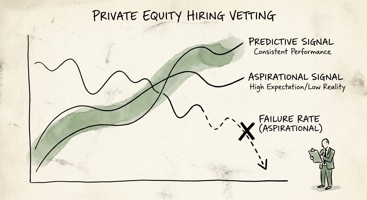 Abstract chart demonstrating the failure rate of aspirational reference checks in private equity hiring.