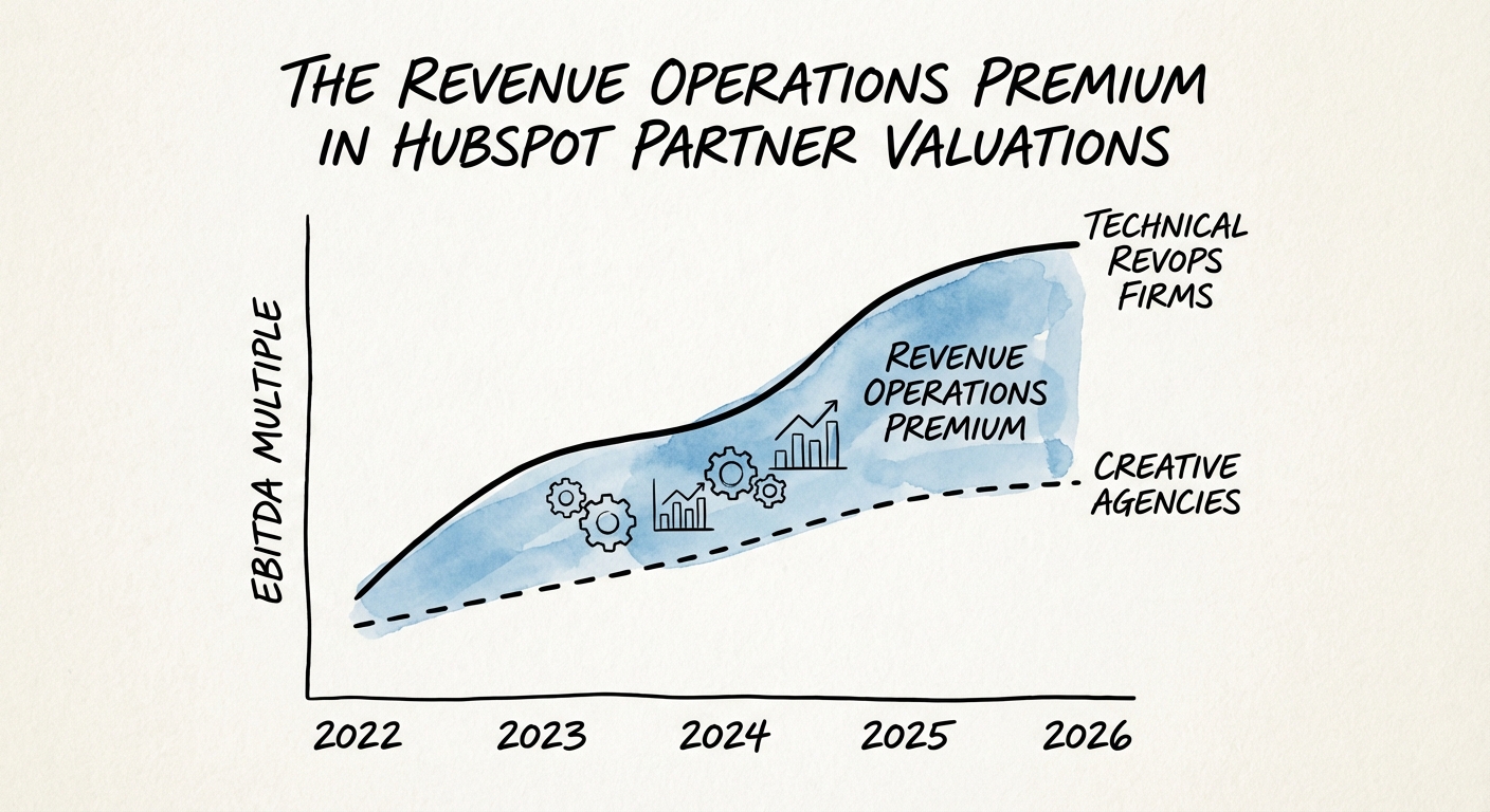 Graph comparing EBITDA multiples of Creative Agencies vs Technical RevOps firms from 2022 to 2026.