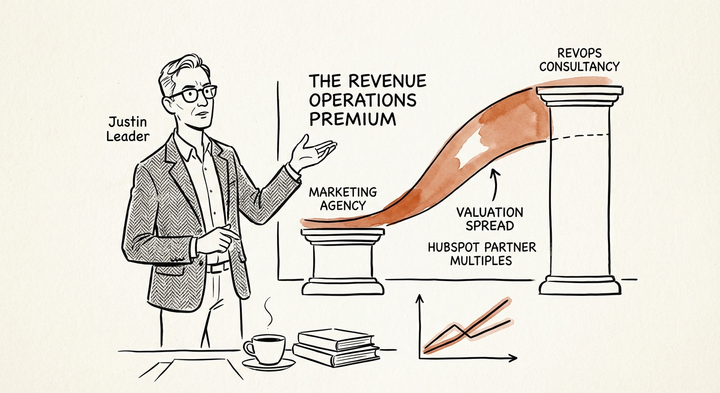 Justin Leader analyzing a valuation spread chart showing the gap between marketing agency and RevOps consultancy multiples.