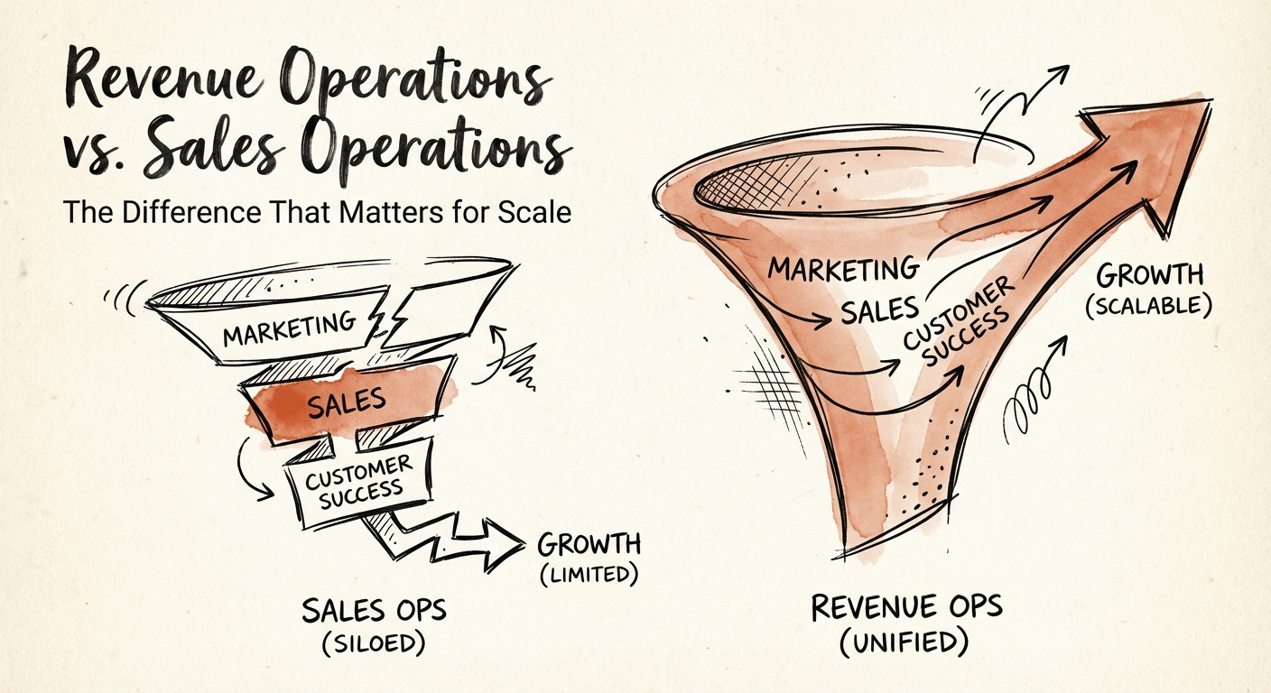 Diagram showing the difference between siloed Sales Operations and unified Revenue Operations across the customer funnel