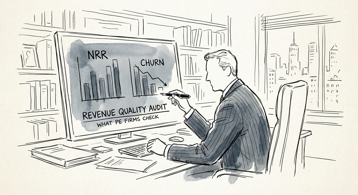 Private Equity Operating Partner reviewing a revenue quality audit dashboard with NRR and churn metrics.
