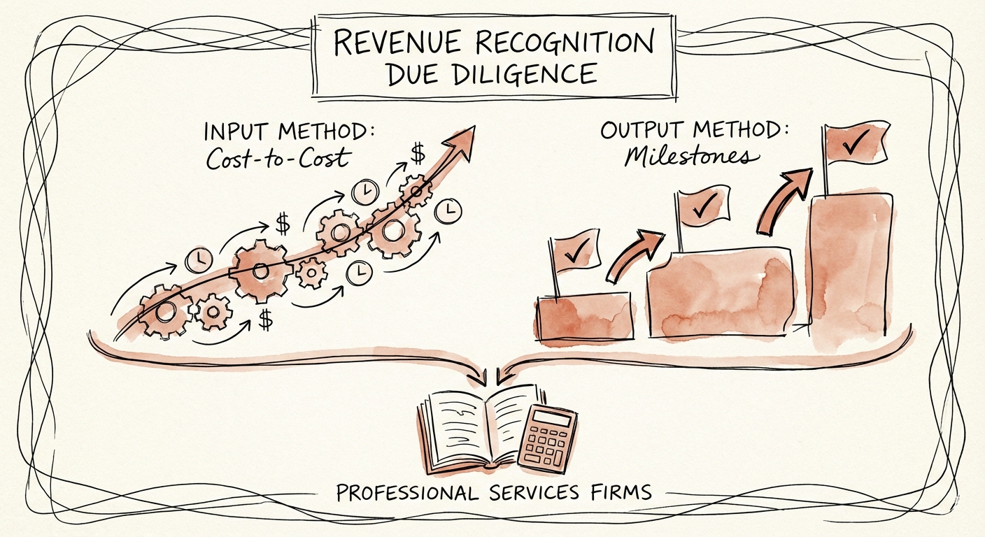 Diagram showing the difference between Input Method (Cost-to-Cost) and Output Method (Milestones) revenue recognition trajectories.