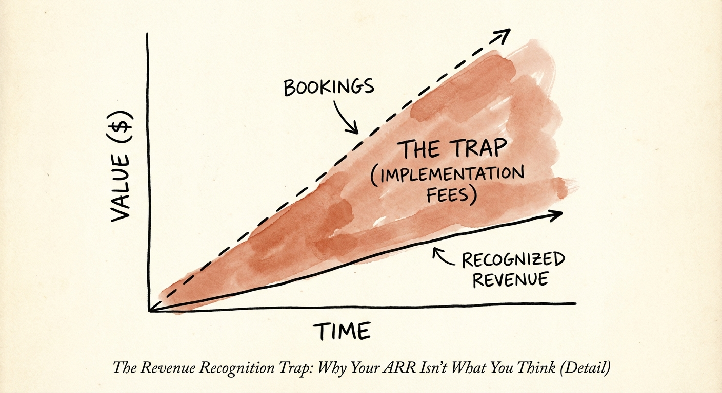 Graph showing the divergence between 'Bookings' and 'Recognized
Revenue' over time for a SaaS company with heavy implementation fees.