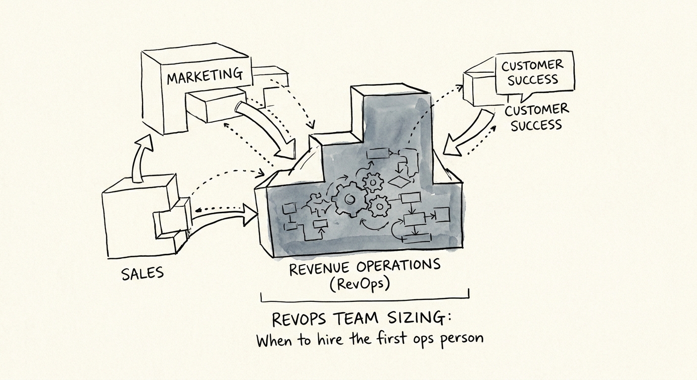 A conceptual architecture diagram showing the alignment of marketing, sales, and customer success data governed by a centralized revenue operations function.