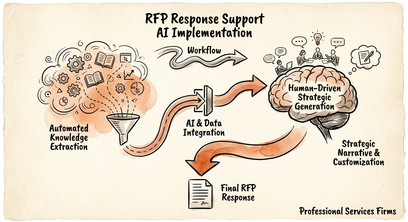 AI implementation checklist for RFP response support showing source quality, permissions, review, adoption, and ROI measurement.