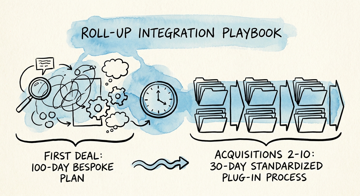 A visual timeline comparing a sprawling 100-day bespoke integration plan against a rigid 30-day standardized plug-in process.