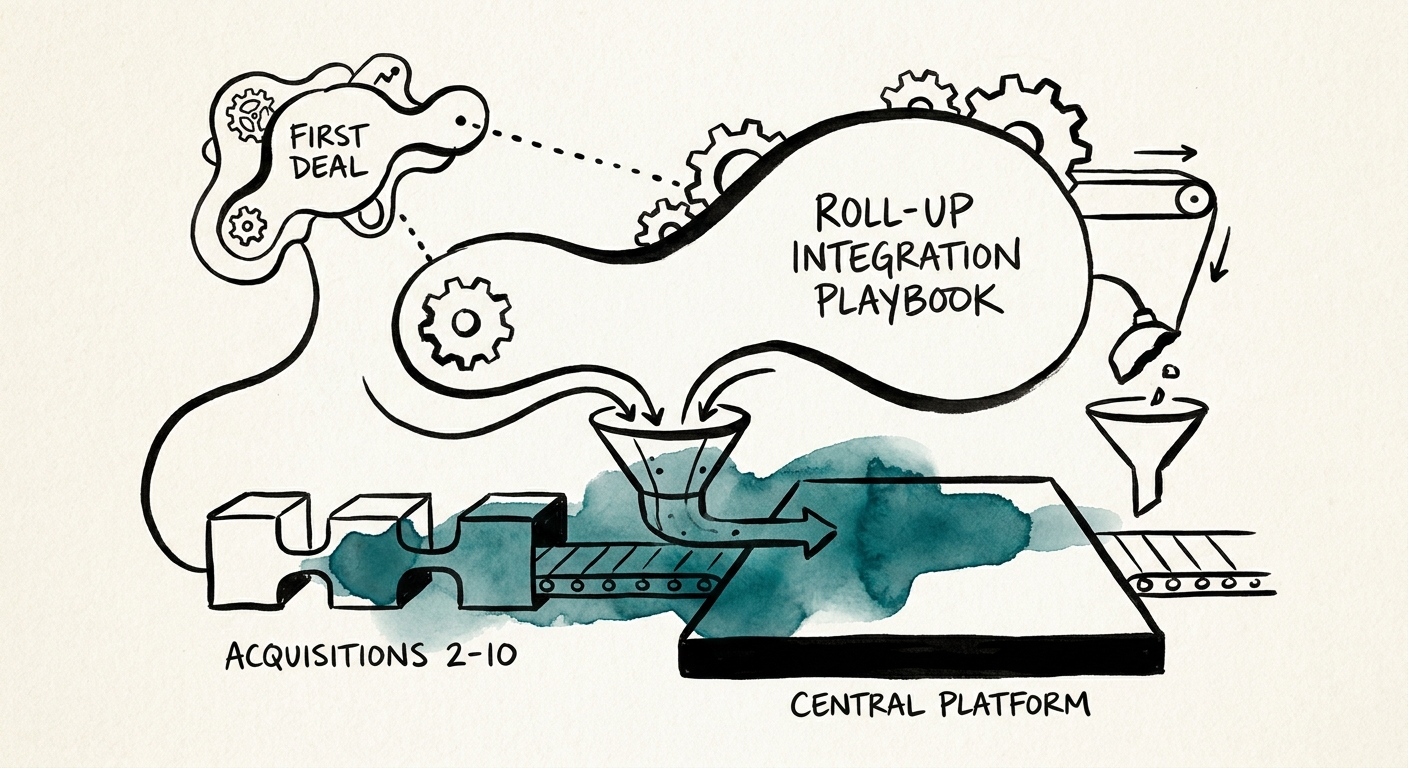 A conceptual graphic illustrating a streamlined, factory-like process integrating multiple bolt-on companies into a central platform.