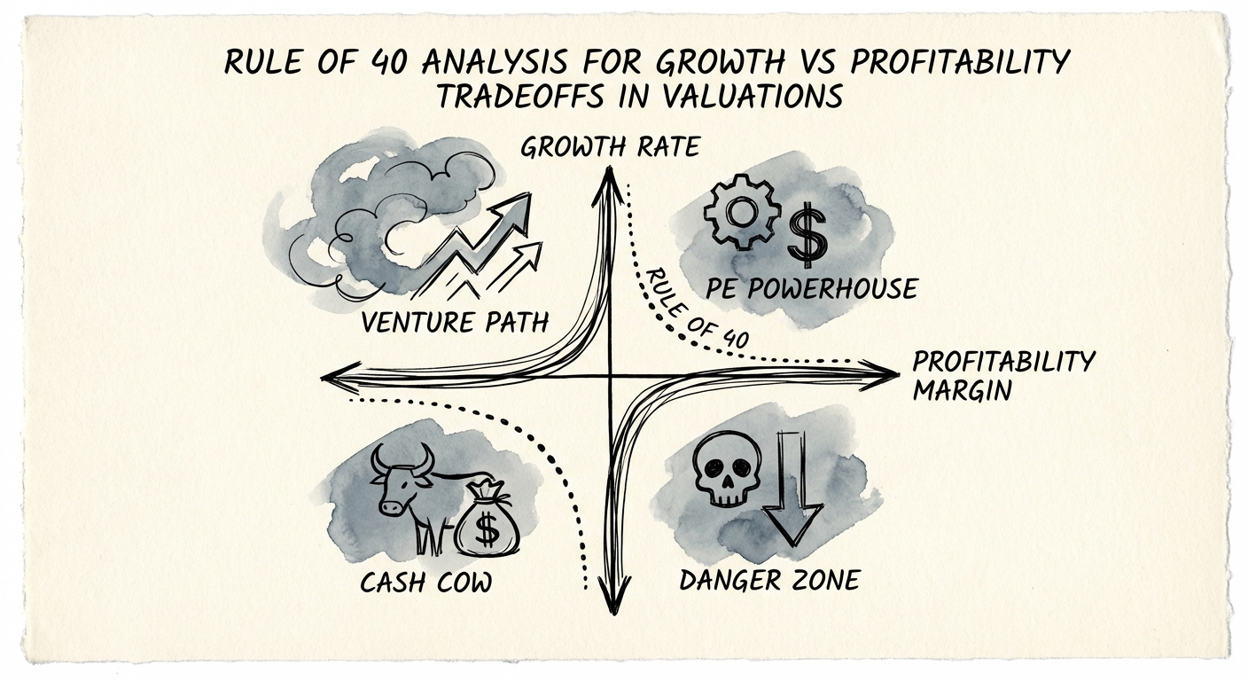 Chart showing the four quadrants of Rule of 40 valuation: Venture Path, PE Powerhouse, Cash Cow, and Danger Zone.