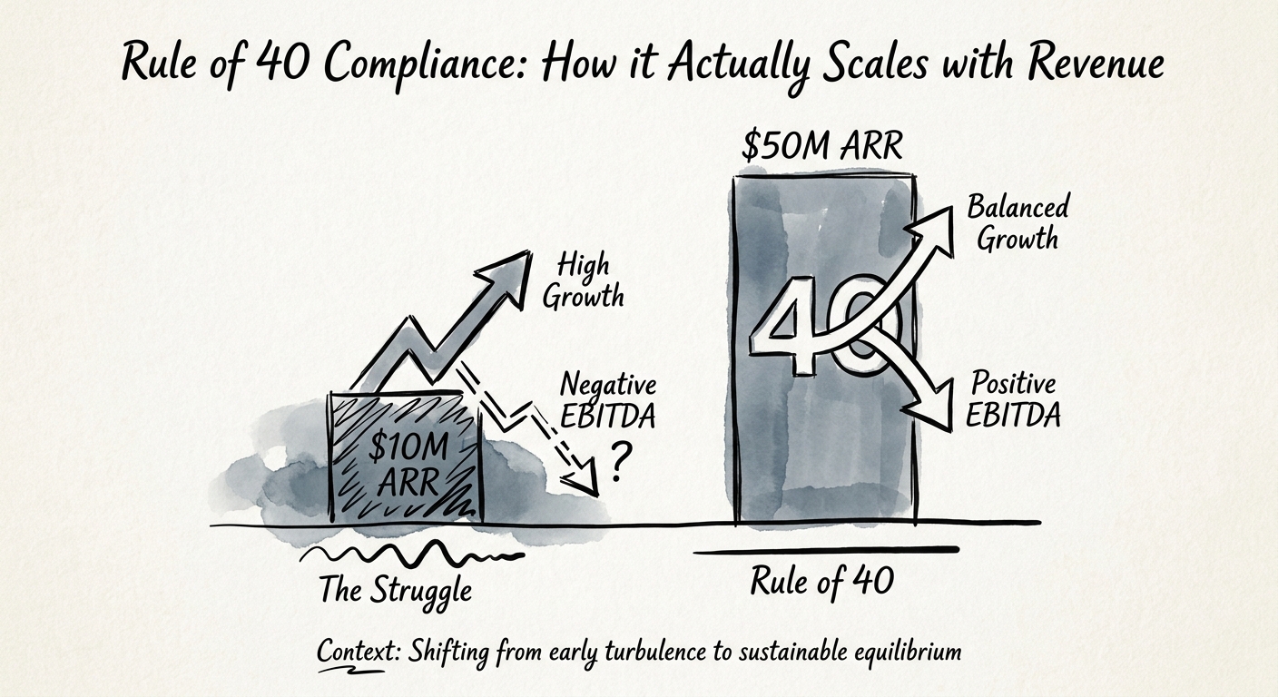 A bar chart detailing the shift from negative EBITDA and high growth at $10M ARR to balanced Rule of 40 compliance at $50M ARR.