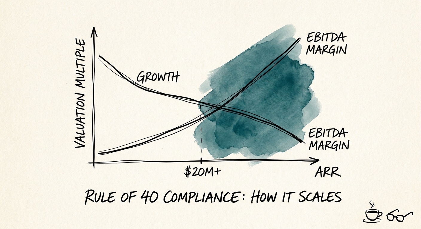 A line graph demonstrating the diverging valuation impacts of growth versus EBITDA margin as a SaaS company scales past $20 million ARR.